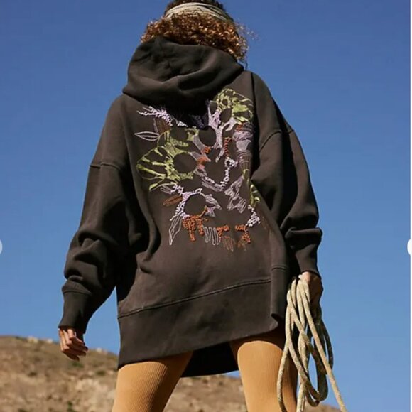 Free People FP Movement At My Best Embroidered Hoodie, Black, size M - Picture 1 of 12